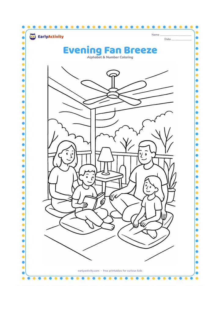 Colouring page: Draw a family relaxing on a veranda at evening while a ceiling fan turns overhead, with floor cushions, potted foliage, a table lamp and an open view of trees outside. Show gentle curved…