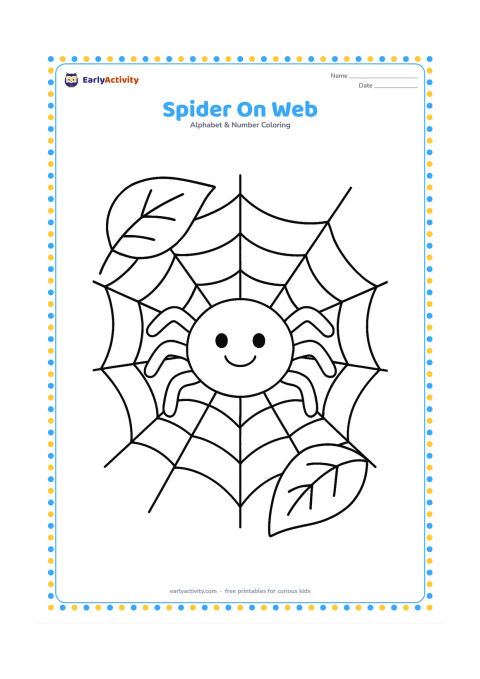 Colouring page: A friendly round spider with eight clearly visible legs rests in the centre of a large, simple web between two sturdy leaves. Keep the spider welcoming rather than frightening and leave…