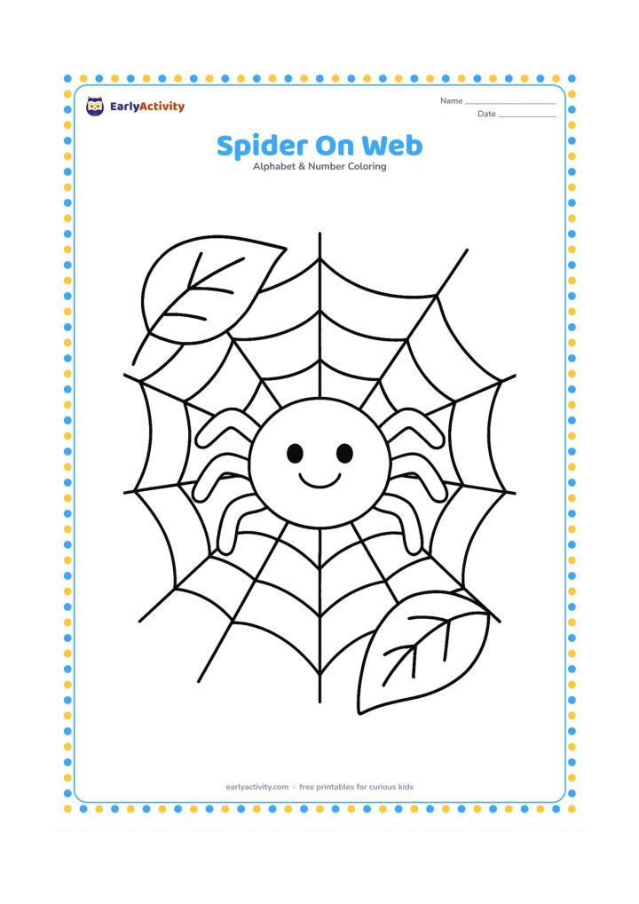 Colouring page: A friendly round spider with eight clearly visible legs rests in the centre of a large, simple web between two sturdy leaves. Keep the spider welcoming rather than frightening and leave…
