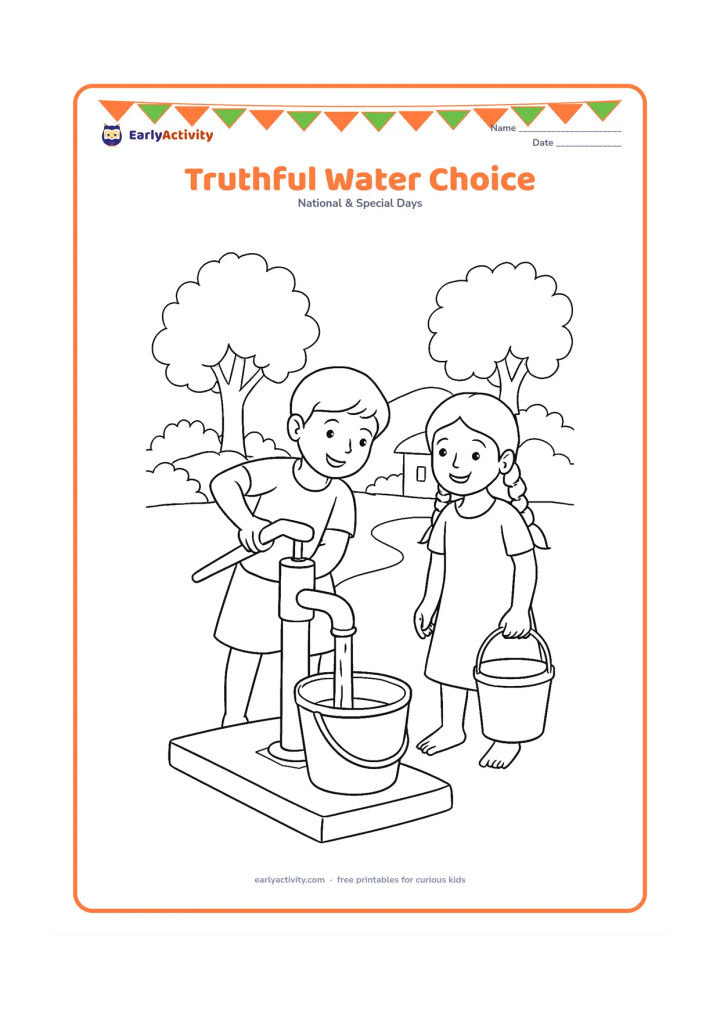 Colouring page: Show an Indian child turning off a village hand pump after filling a bucket, while another child waits beside a second empty bucket. Include a small path, leafy trees and a simple rural…