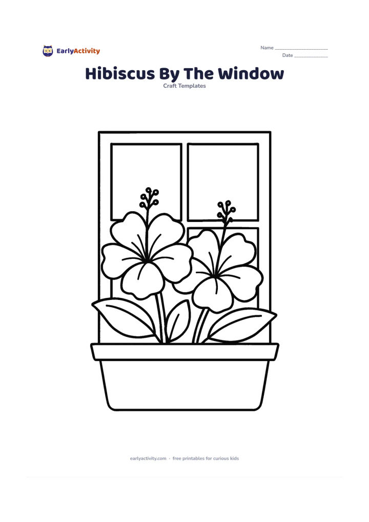Worksheet: Two hibiscus flowers with broad wavy petals sit in a simple rectangular windowsill planter, with long stamens, rounded leaves and a few visible window panes behind them. Keep the flowers…