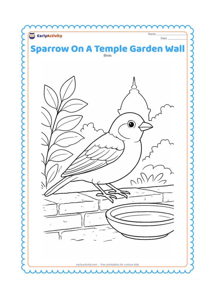 Colouring page: Draw one sparrow perched on a weathered garden wall beside leafy plants and a shallow water dish. Include a distant, non-specific Indian temple roof silhouette with no symbols or writing.
