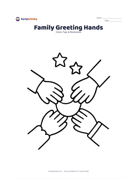 Worksheet: Three pairs of hands reach toward the centre to hold a small crescent-shaped card, with two stars above and a clear blank space below. Show different sleeve cuffs to suggest family members.