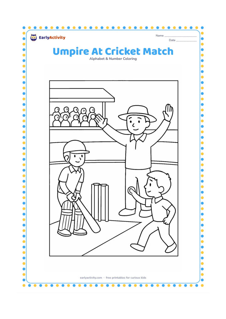 Colouring page: Draw an umpire making a clear safe signal during a friendly cricket match, with a batter, wicket, bowler and boundary rope around the pitch. Add a few spectators under a shaded stand.