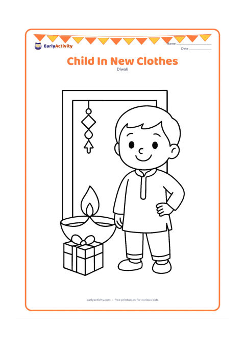 Colouring page: A smiling child stands proudly in new Indian festive clothes beside a large diya and a small gift box. Show a simple home doorway and a hanging decoration made from plain shapes.