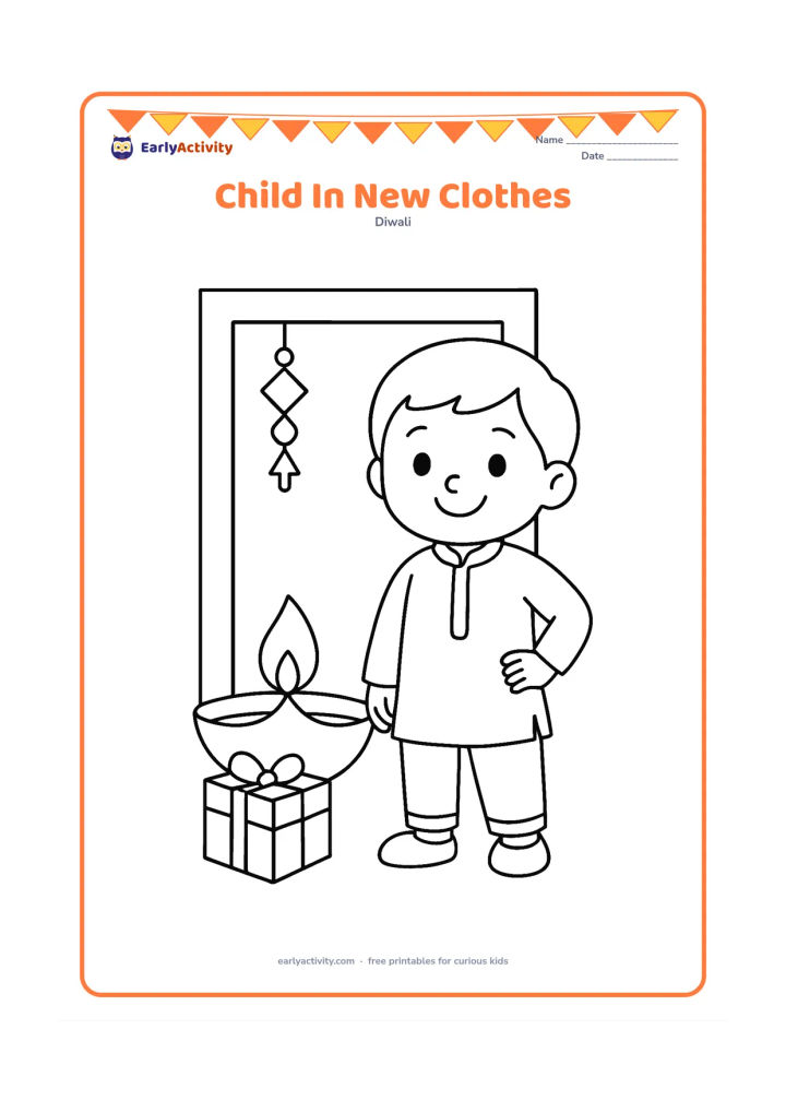 Colouring page: A smiling child stands proudly in new Indian festive clothes beside a large diya and a small gift box. Show a simple home doorway and a hanging decoration made from plain shapes.
