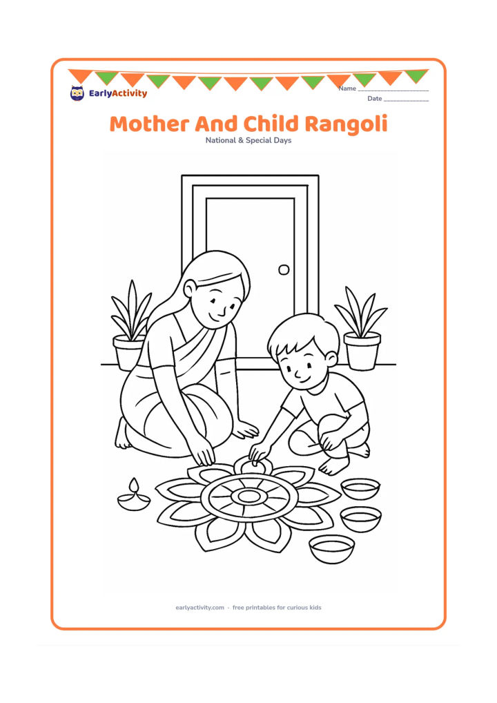 Colouring page: A mother and child create a flower-shaped rangoli together outside their home, with the child placing coloured-powder bowls beside the design. Include a doorway, two potted plants and a…