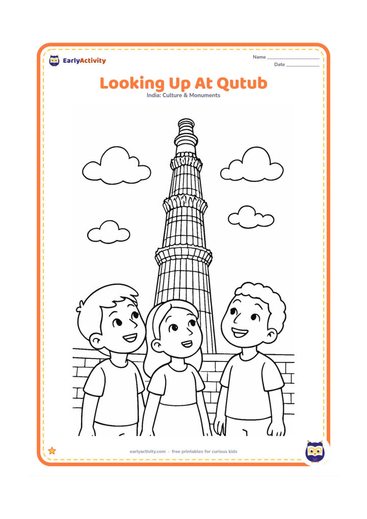 Colouring page: Draw three children in the foreground looking upward at Qutub Minar from the courtyard. Include a low stone wall, clouds, and the tower viewed from a slightly upward angle.