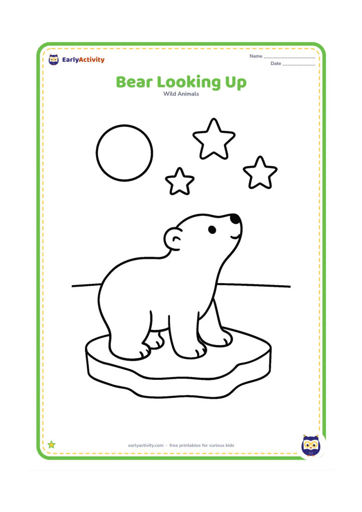 Colouring page: A polar bear stands on a flat ice floe and looks up at a round moon, with three large stars and a low horizon line.