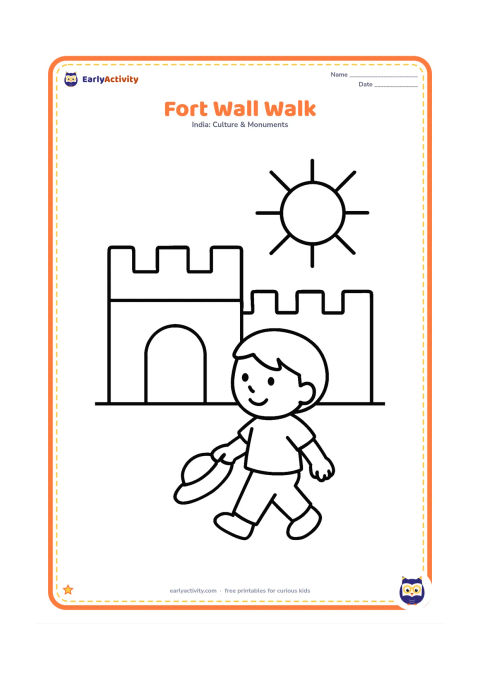 Colouring page: Show a child walking beside the Red Fort wall while holding a small sunhat. The wall should have a wide top edge, a few large crenellations and one simple arched doorway, with a large…