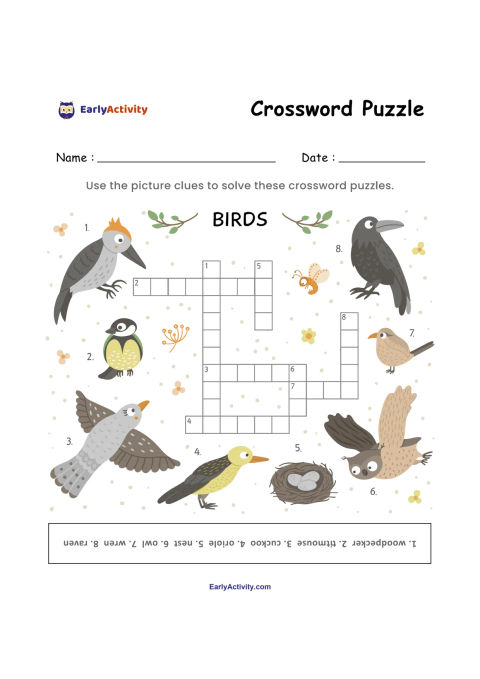 Crossword worksheet with a central grid and illustrated bird clues, including an owl, crow, parrot, small birds, and a nest.