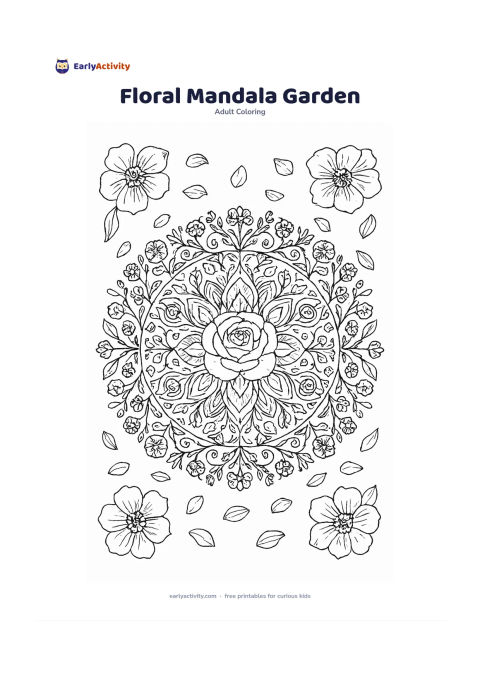 Colouring page: Draw a symmetrical circular pattern built from roses, lotus petals, leaves, vines, seed pods and small geometric garden shapes. Surround it with a loose ring of scattered petals and four…