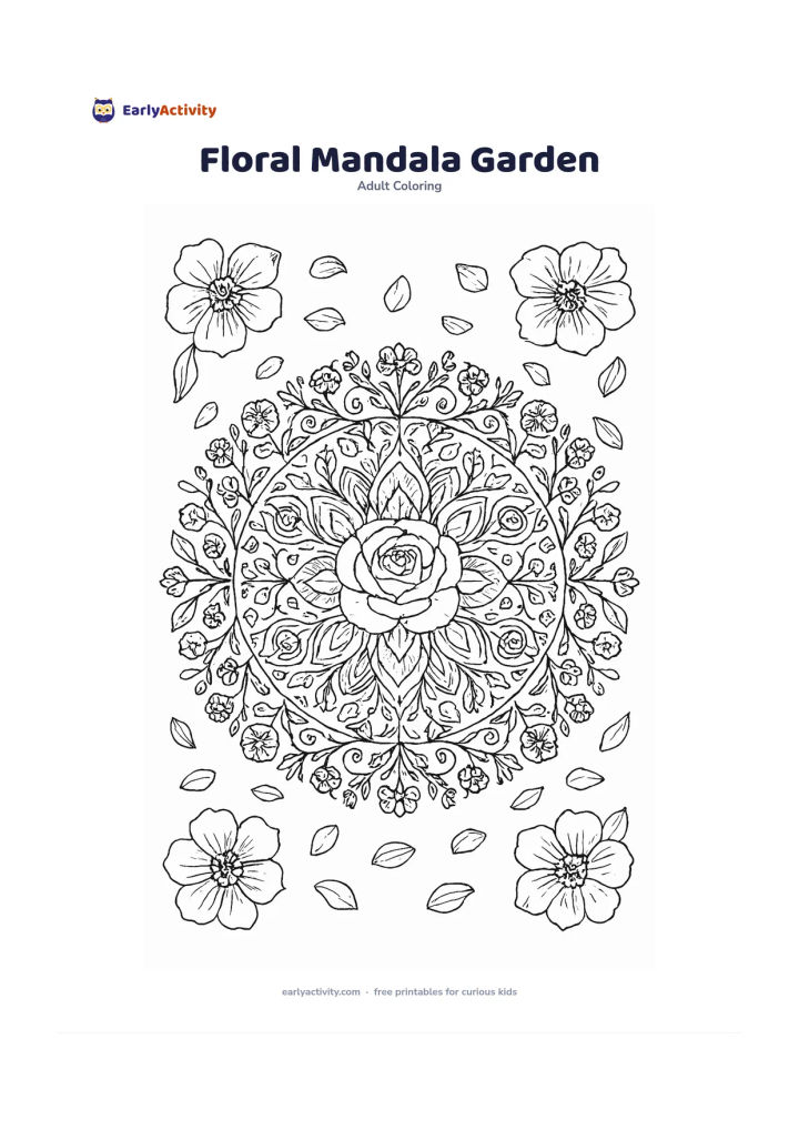 Colouring page: Draw a symmetrical circular pattern built from roses, lotus petals, leaves, vines, seed pods and small geometric garden shapes. Surround it with a loose ring of scattered petals and four…