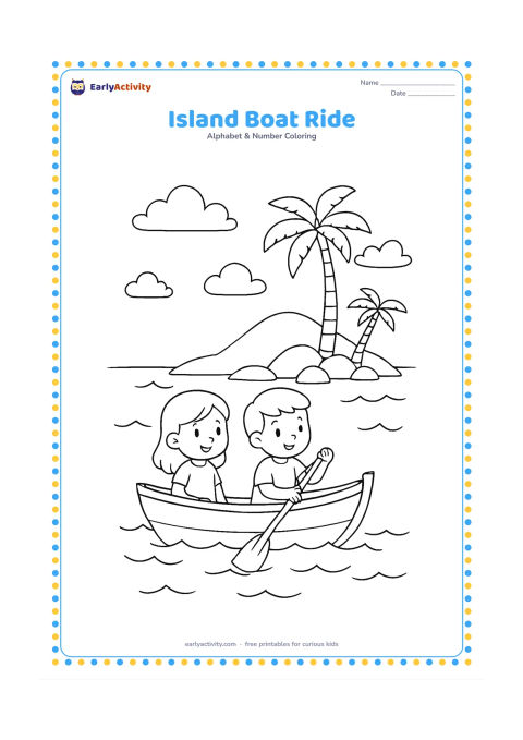 Colouring page: Draw a small boat carrying two children across water toward an island with palm trees, rocks, and a low hill. Add a few clouds and gentle waves.