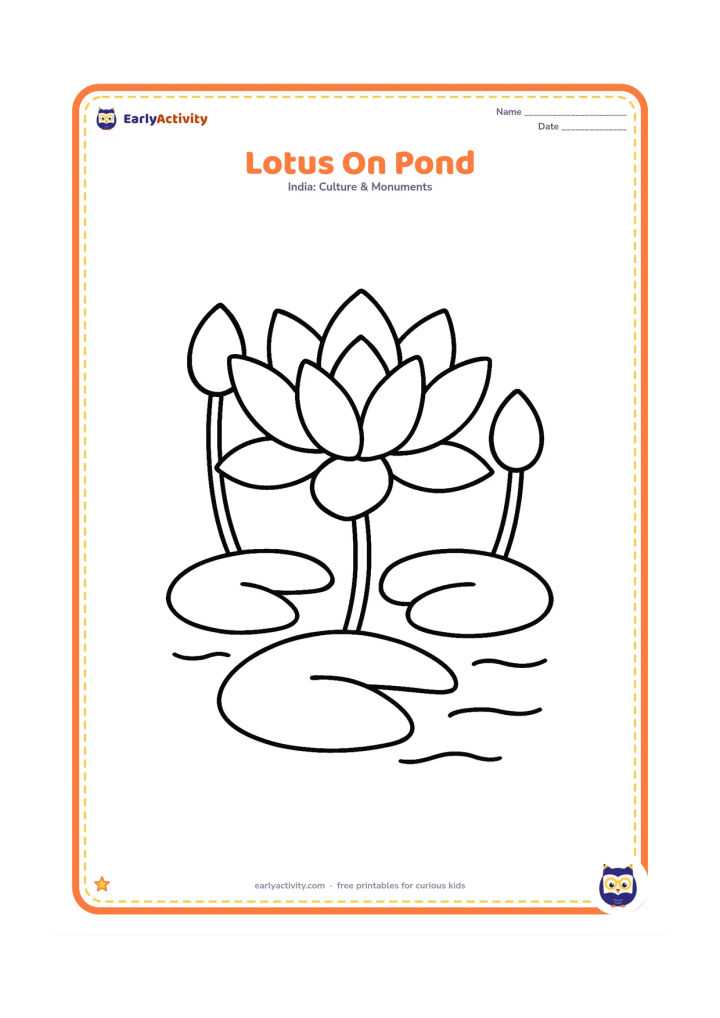 Colouring page: Draw one large lotus flower rising from a pond, with broad round leaves and a few curved water lines. Show two unopened buds beside the flower.