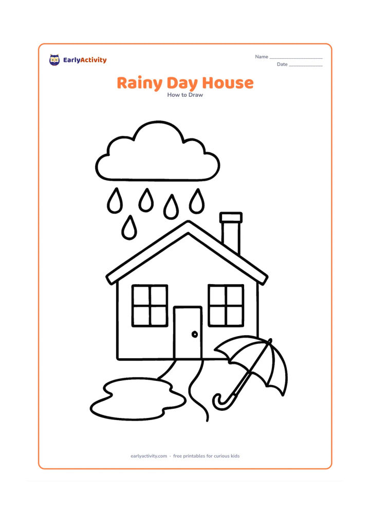 Worksheet: Draw a simple house with a sloping roof, closed door, two large windows, a cloud above and several large raindrops. Add a puddle and a child-sized umbrella resting beside the path,…