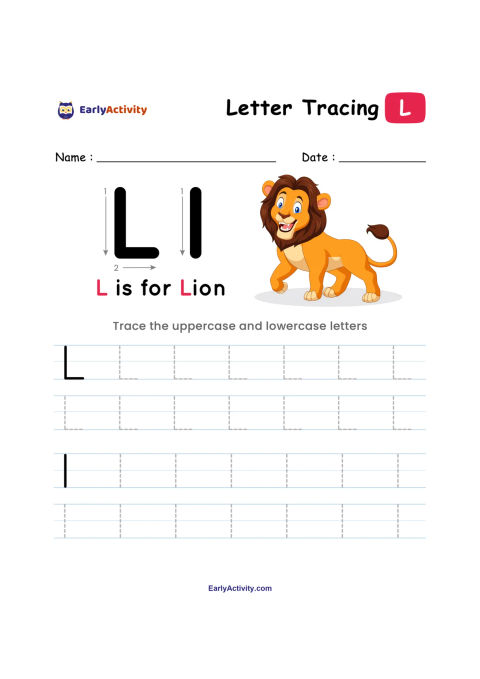 Tracing worksheet showing uppercase and lowercase L letters, the words “L is for Lion,” and a smiling lion illustration.