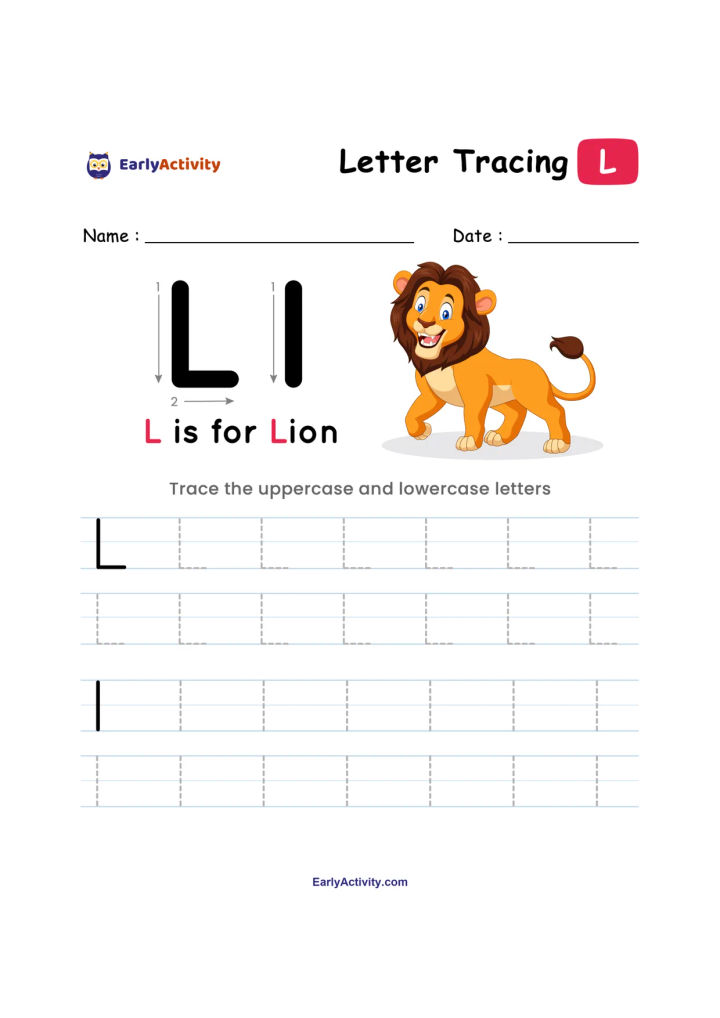 बड़े और छोटे L अक्षरों, “L is for Lion” शब्दों और मुस्कुराते हुए शेर के चित्र वाली ट्रेसिंग वर्कशीट।