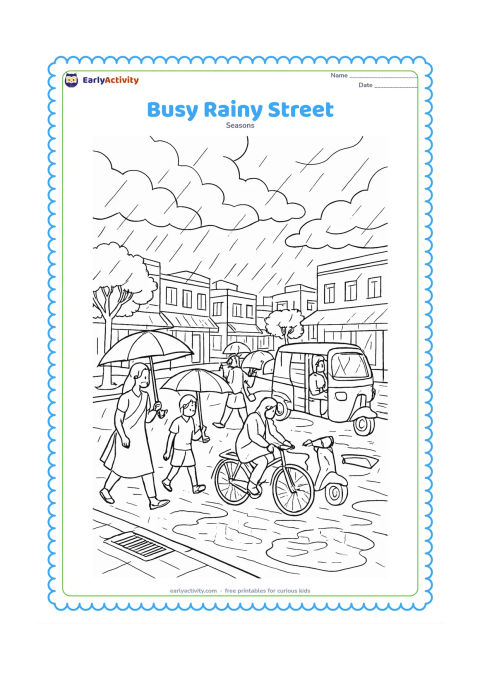 Colouring page: A detailed Indian city street during a monsoon shower shows pedestrians with umbrellas, a cyclist in a raincoat, an auto-rickshaw, scooters, shop awnings without writing and large…