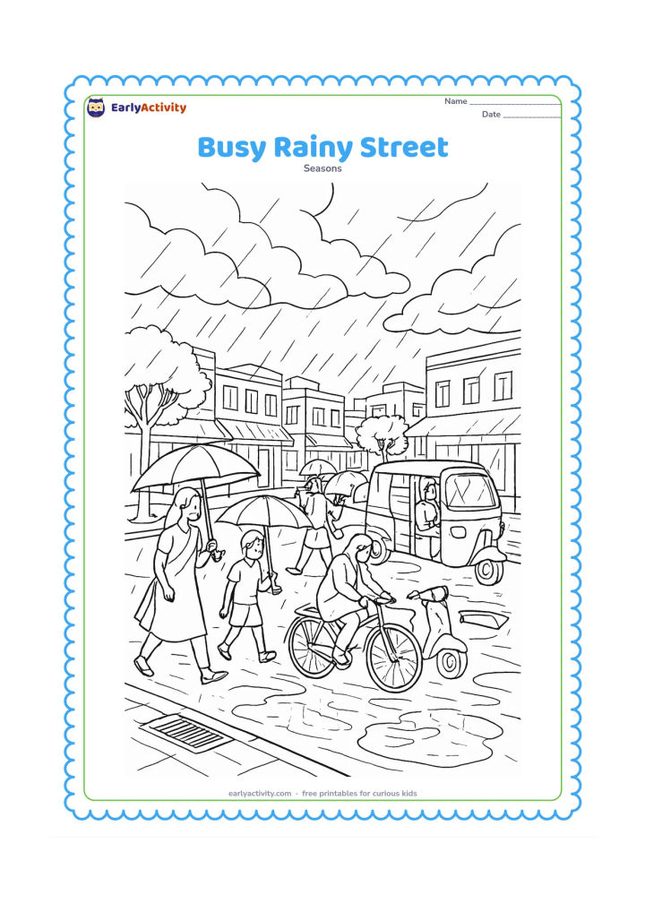 Colouring page: A detailed Indian city street during a monsoon shower shows pedestrians with umbrellas, a cyclist in a raincoat, an auto-rickshaw, scooters, shop awnings without writing and large…
