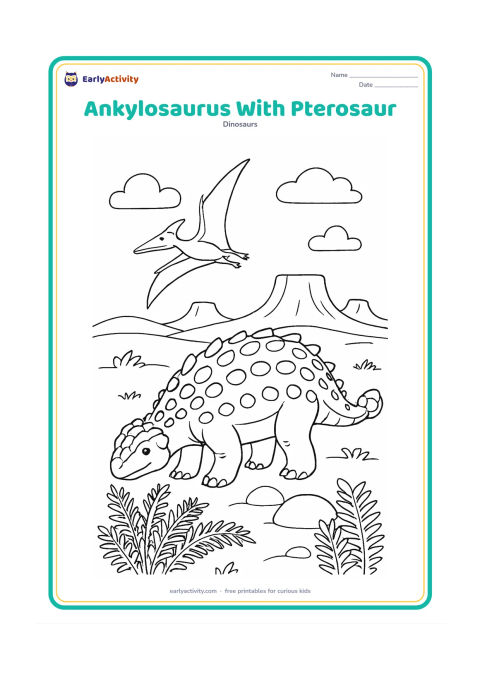 Colouring page: An Ankylosaurus grazes peacefully while a small pterosaur glides above a prehistoric plain. Add ferns, a few rounded boulders and distant mesas without making the flying animal dominant.