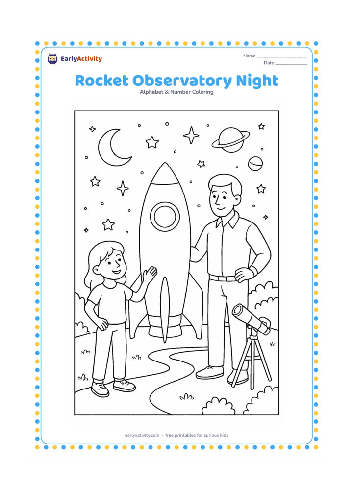 Colouring page: Draw a child and an adult looking at a friendly rocket model outside a small observatory at night, with a telescope, crescent moon, planets, stars, bushes and a winding path. Keep the…