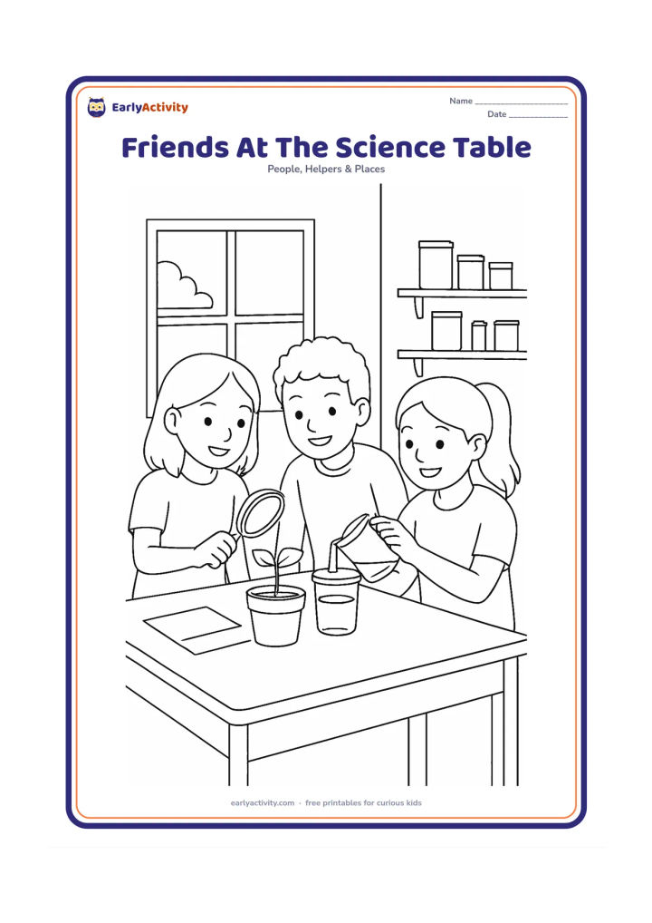 Colouring page: Three friends cooperate at a classroom science table, observing a plant through a magnifying glass while another pours water into a clear container. Include a blank chart sheet, plant…
