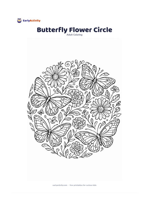Colouring page: A circular composition features several different butterflies resting among daisies, marigolds, leaves, curling stems and small seed heads. Make every butterfly wing symmetrical with…