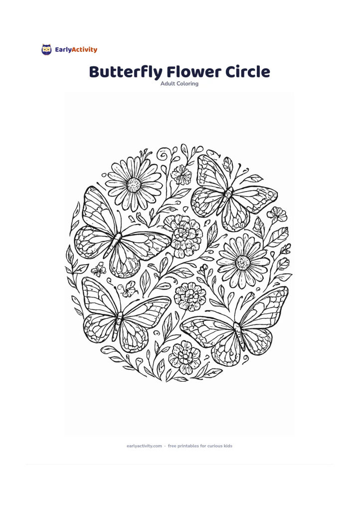 Colouring page: A circular composition features several different butterflies resting among daisies, marigolds, leaves, curling stems and small seed heads. Make every butterfly wing symmetrical with…