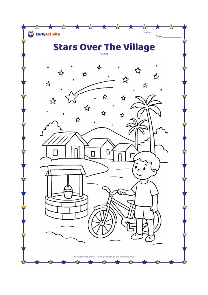 Colouring page: A peaceful Indian village scene shows a child near a bicycle, small homes, a well and distant palm trees beneath a sky full of stars and one large shooting star.