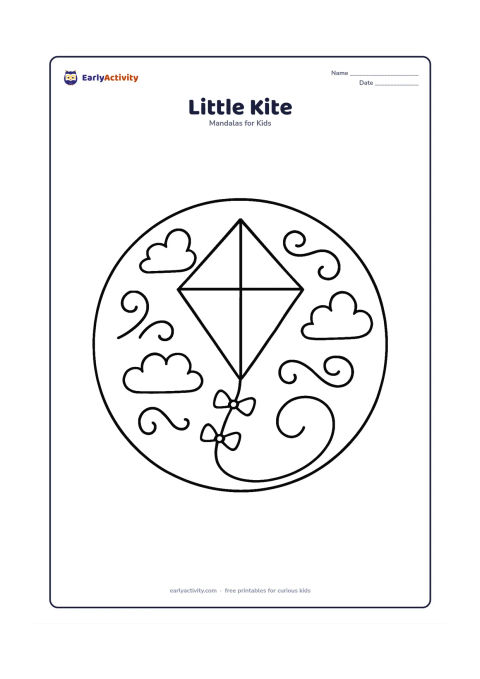 Colouring page: A circular mandala centred on a diamond-shaped kite with a long curling tail, surrounded by repeated bows, clouds and simple wind curves. Keep the kite symmetrical and make the outer…