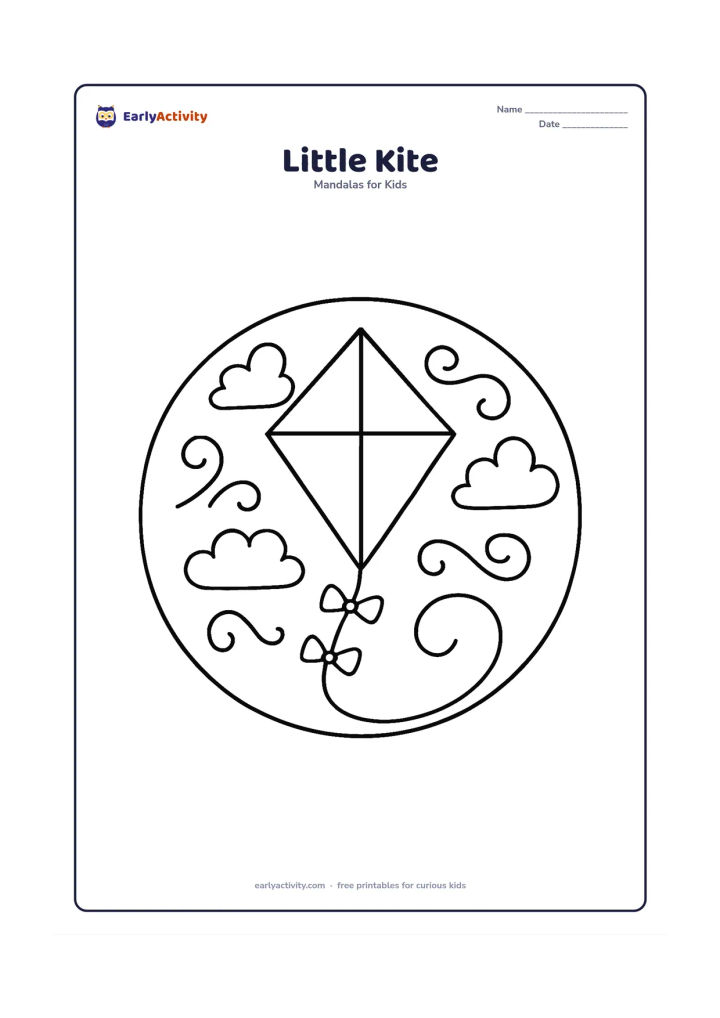 Colouring page: A circular mandala centred on a diamond-shaped kite with a long curling tail, surrounded by repeated bows, clouds and simple wind curves. Keep the kite symmetrical and make the outer…