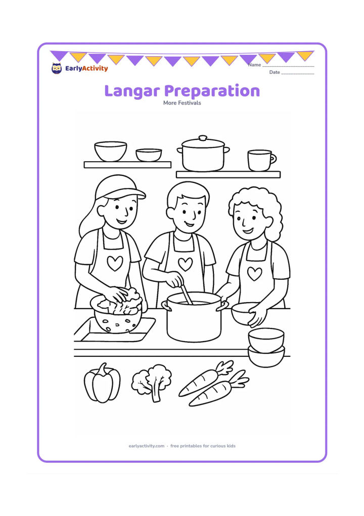 Colouring page: Draw three volunteers preparing a community meal in a clean kitchen: one washes vegetables, one stirs a large pot and one places bowls on a table. Include simple shelves, cooking vessels…