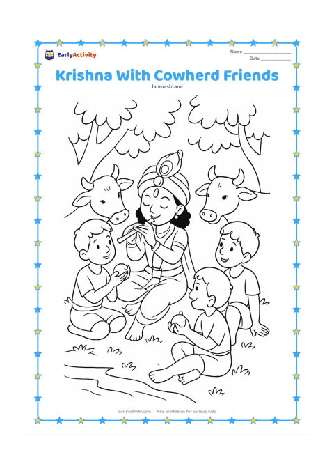 Colouring page: Draw Krishna sitting on a grassy bank with three cowherd friends, sharing fruit and listening to a flute. Place two cows, a pond edge and leafy trees behind them.