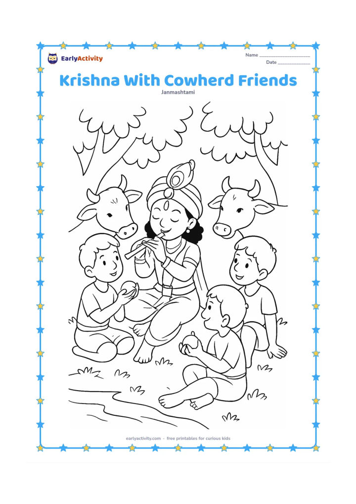 Colouring page: Draw Krishna sitting on a grassy bank with three cowherd friends, sharing fruit and listening to a flute. Place two cows, a pond edge and leafy trees behind them.