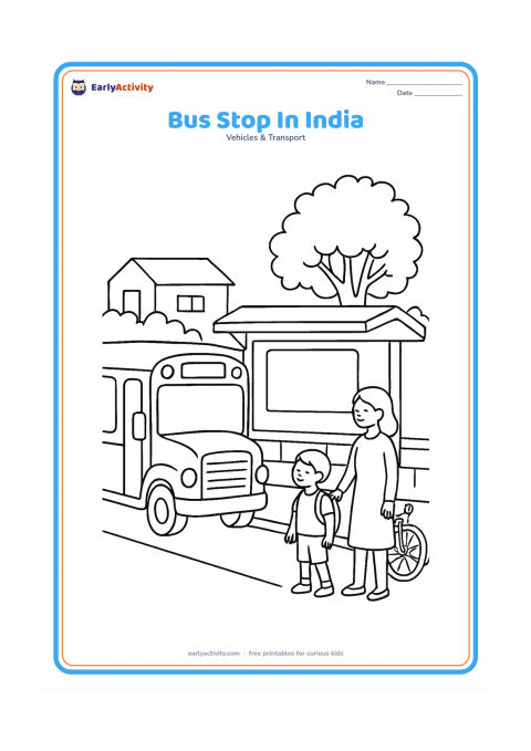 Colouring page: Draw a school bus waiting at a roadside shelter with a blank sign panel, a parent and child nearby, a leafy tree, a low wall, and a bicycle parked safely beside the shelter. Show an…