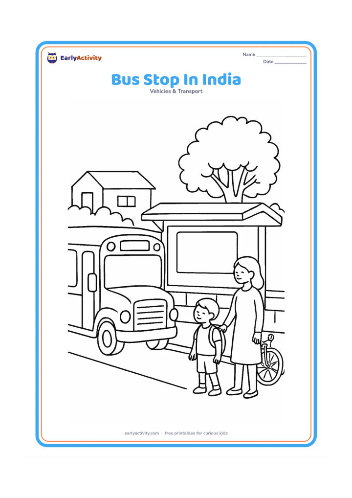Colouring page: Draw a school bus waiting at a roadside shelter with a blank sign panel, a parent and child nearby, a leafy tree, a low wall, and a bicycle parked safely beside the shelter. Show an…