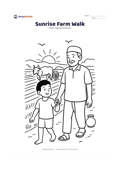 Worksheet: Draw a father or grandfather walking with a child along a farm path at sunrise, with a bullock cart in the distance, crop rows, a water pot and birds in the sky. Show the adult and child…