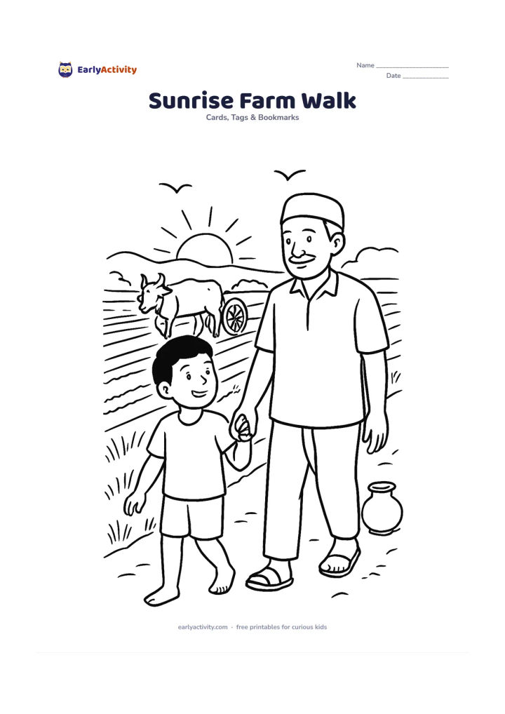 Worksheet: Draw a father or grandfather walking with a child along a farm path at sunrise, with a bullock cart in the distance, crop rows, a water pot and birds in the sky. Show the adult and child…