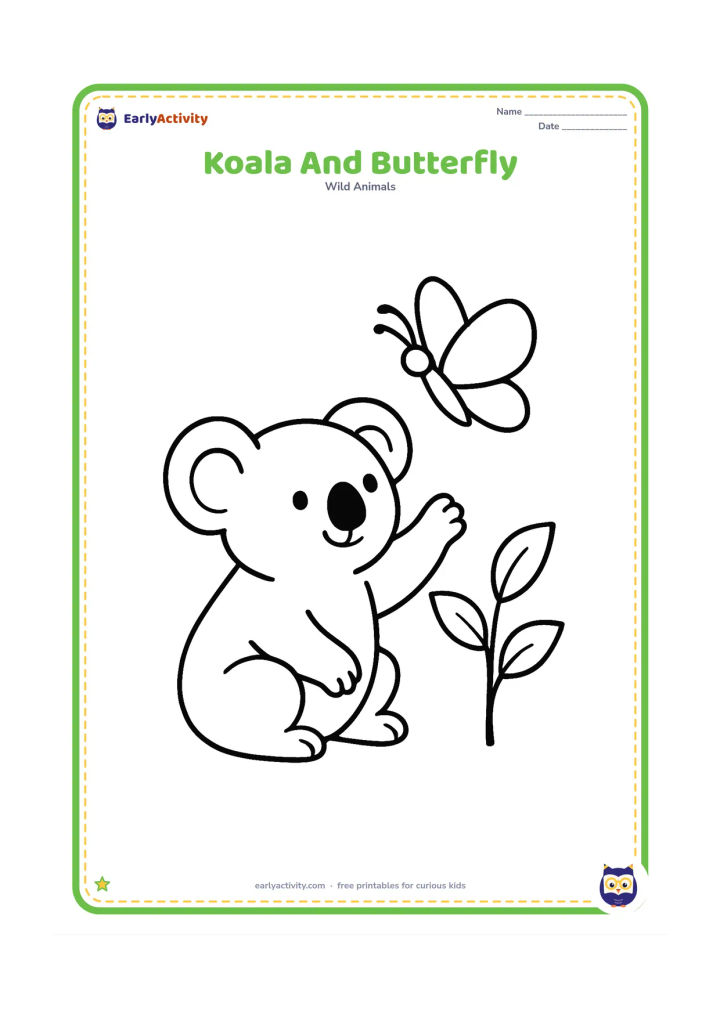 Colouring page: Draw a seated koala reaching one paw toward a large friendly butterfly. Place them beside a short eucalyptus sapling with three broad leaves.