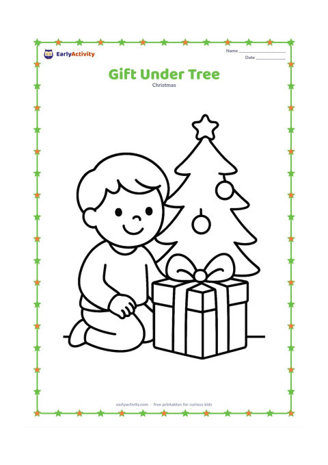 Colouring page: A smiling child kneels beside one large wrapped gift under a small decorated Christmas tree. Include a wide ribbon, two round ornaments, and a plain floor line.