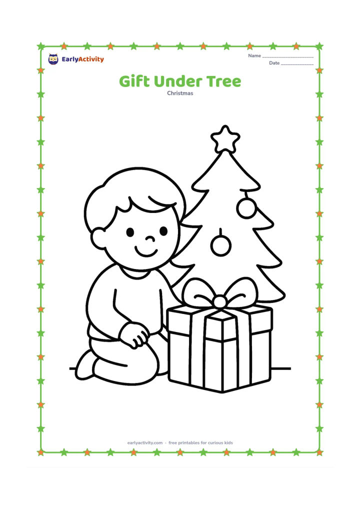 Colouring page: A smiling child kneels beside one large wrapped gift under a small decorated Christmas tree. Include a wide ribbon, two round ornaments, and a plain floor line.