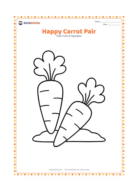 Colouring page: Draw two large carrots side by side, one upright and one lying down, with leafy tops and a small patch of soil beneath them. Leave generous open spaces around the shapes.
