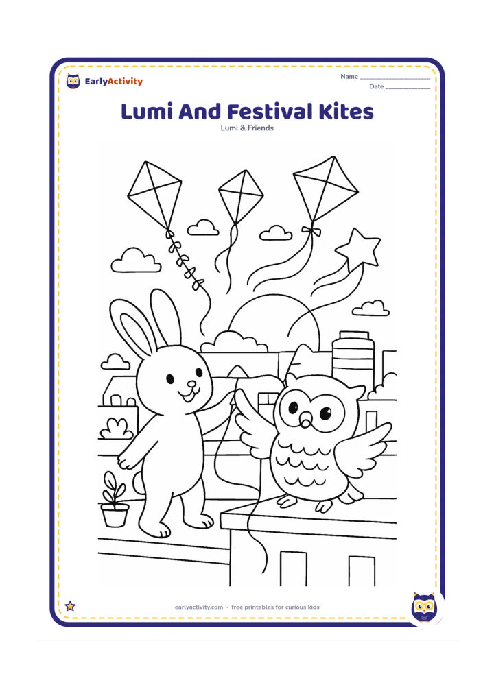 Colouring page: Lumi and a friend owl fly colourful festival kites from a rooftop at sunset. Show several different kite shapes, curved strings, water tanks, potted plants and distant rooftops.