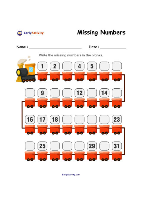 Worksheet showing a train with numbered carriages and blank spaces for writing missing numbers from 1 to 31.