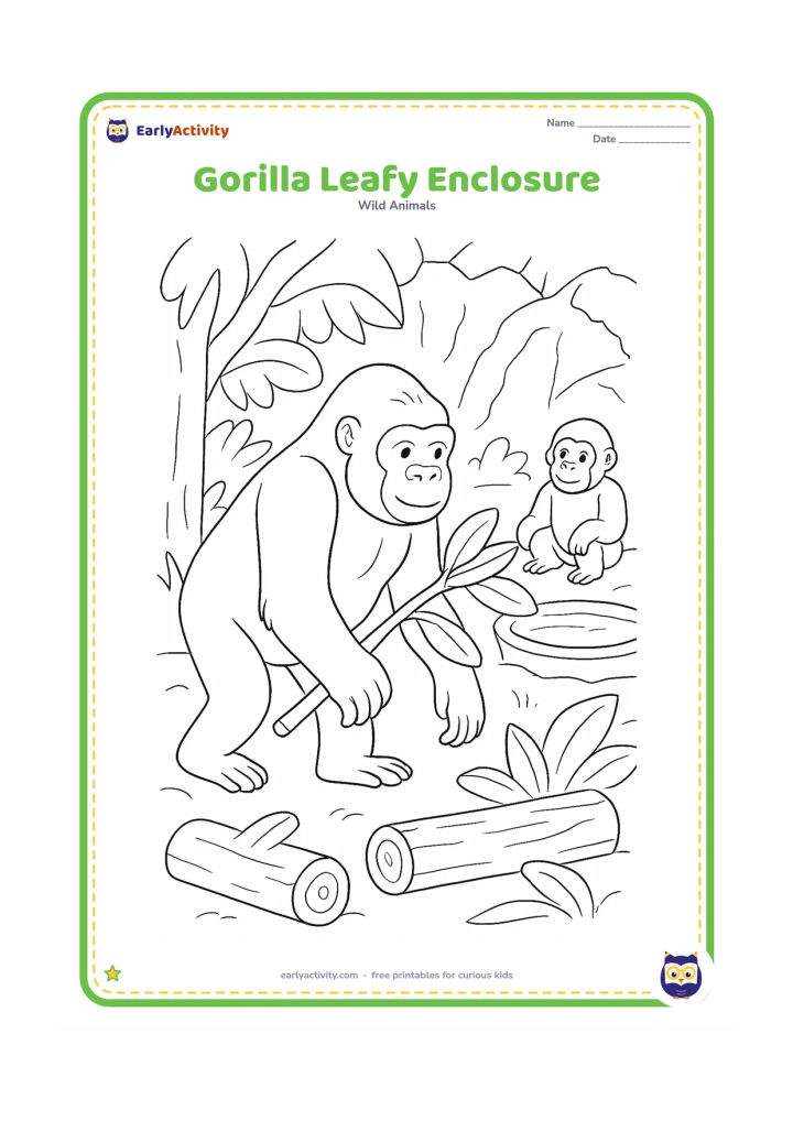 Colouring page: A gentle gorilla walks through a leafy enclosure carrying a large branch, with a second gorilla seated near a shallow water basin. Add logs, broad leaves and a textured rock wall.