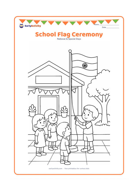 Colouring page: Draw several children gathered in a school courtyard while one child raises an Indian flag on a tall pole. Show a decorated school entrance with bunting, potted plants and a tree, but…