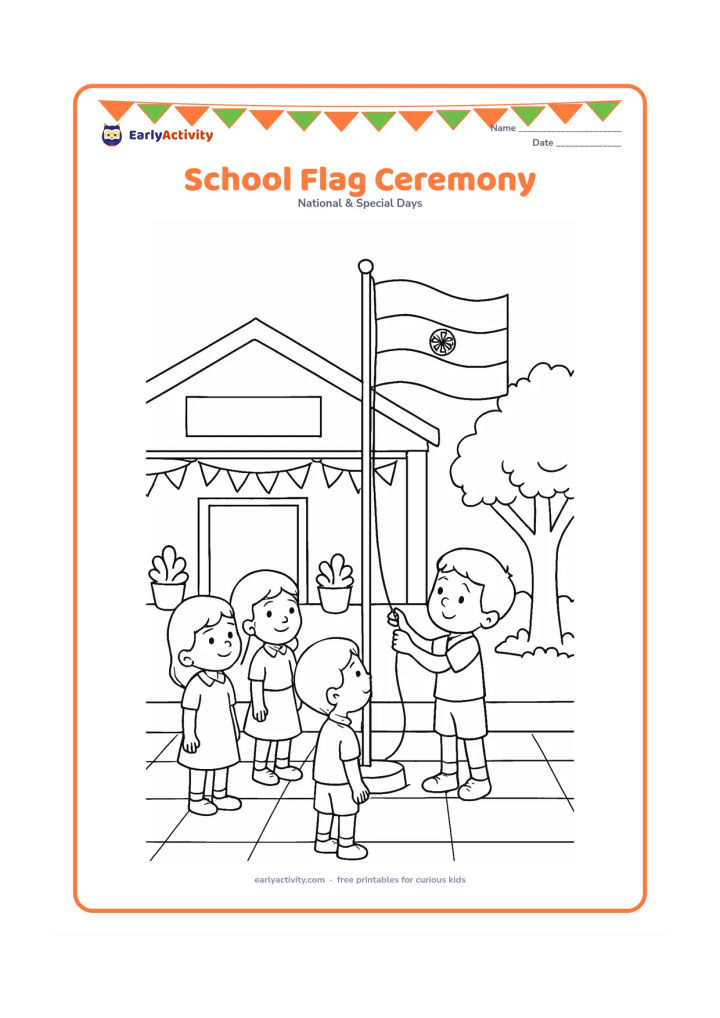 Colouring page: Draw several children gathered in a school courtyard while one child raises an Indian flag on a tall pole. Show a decorated school entrance with bunting, potted plants and a tree, but…