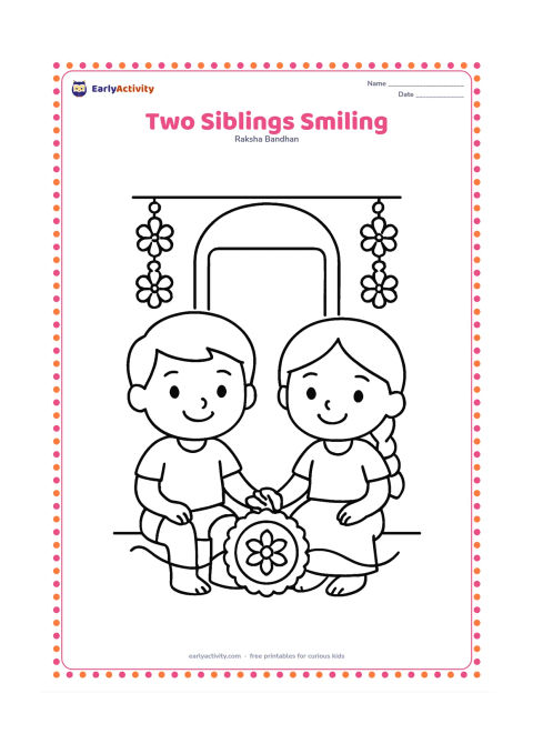 Colouring page: A brother and sister sit side by side, smiling and holding hands, with a large rakhi displayed between them. Add a simple doorway and two hanging flower garlands behind them.