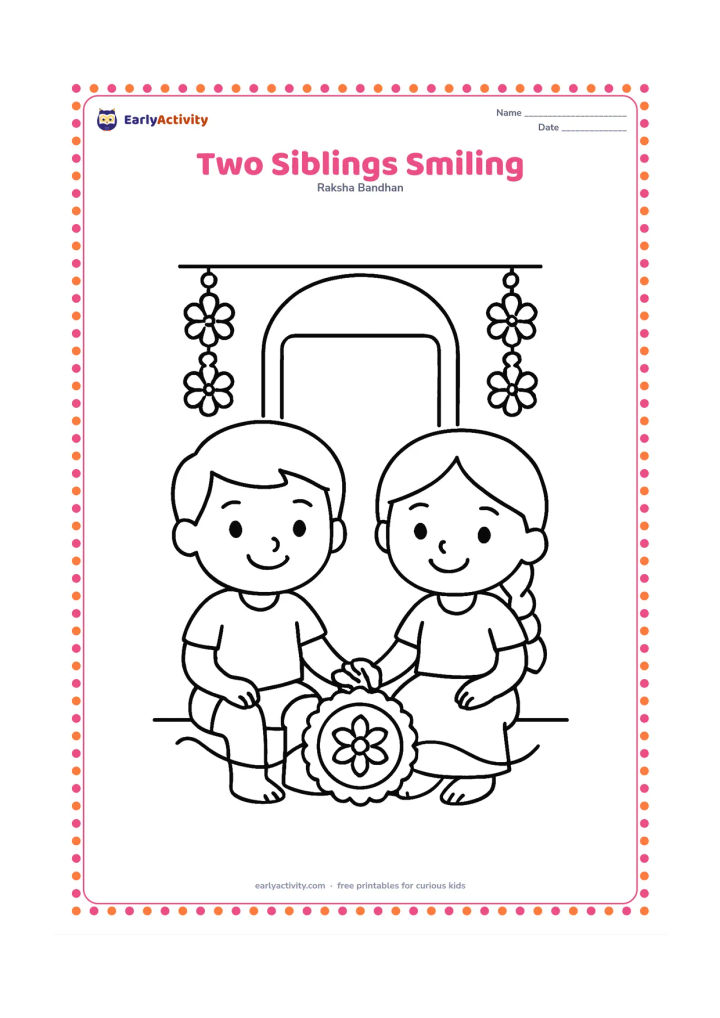 Colouring page: A brother and sister sit side by side, smiling and holding hands, with a large rakhi displayed between them. Add a simple doorway and two hanging flower garlands behind them.